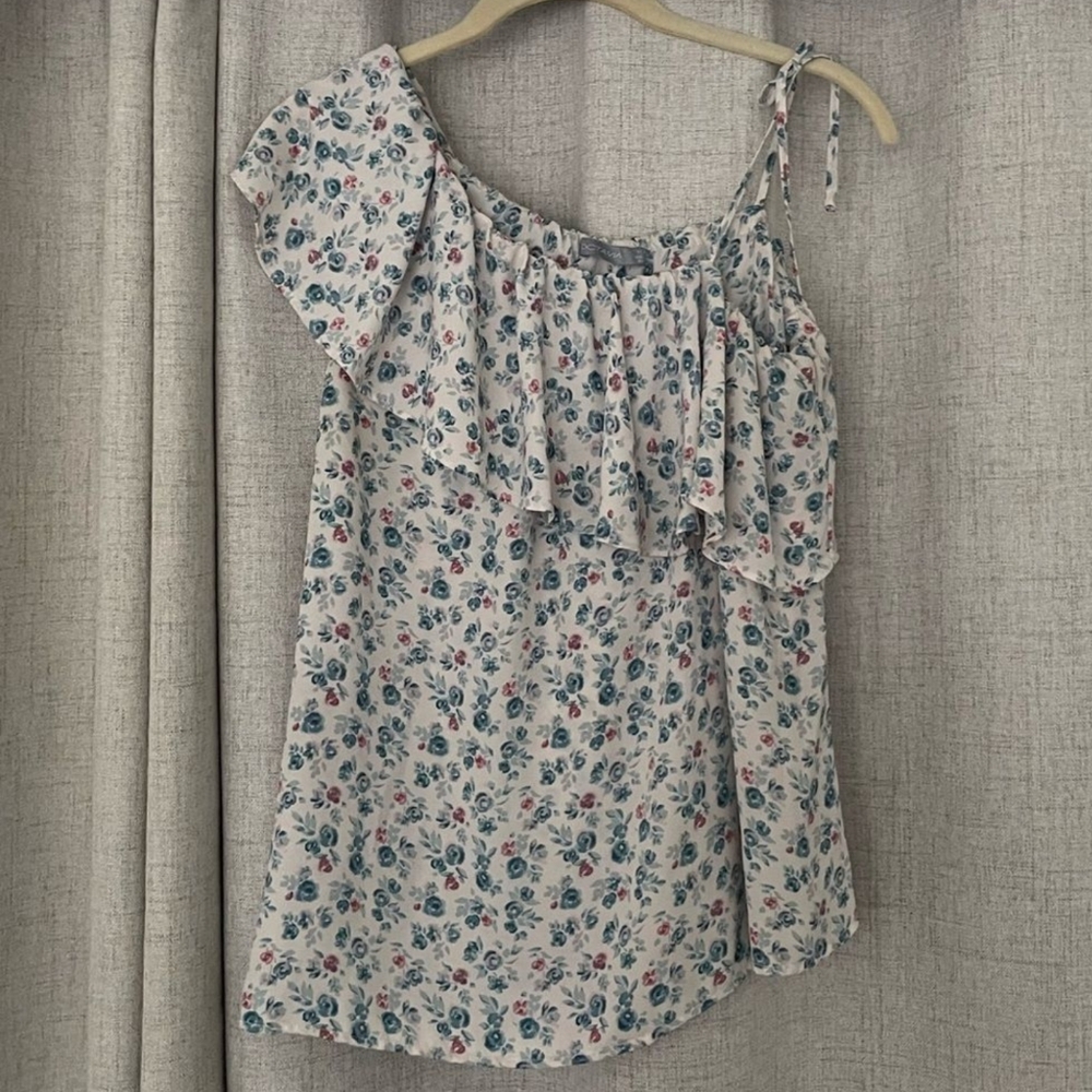 Octavia One Shoulder Bohemian Ruffle Ivory Floral Print Blouse XL